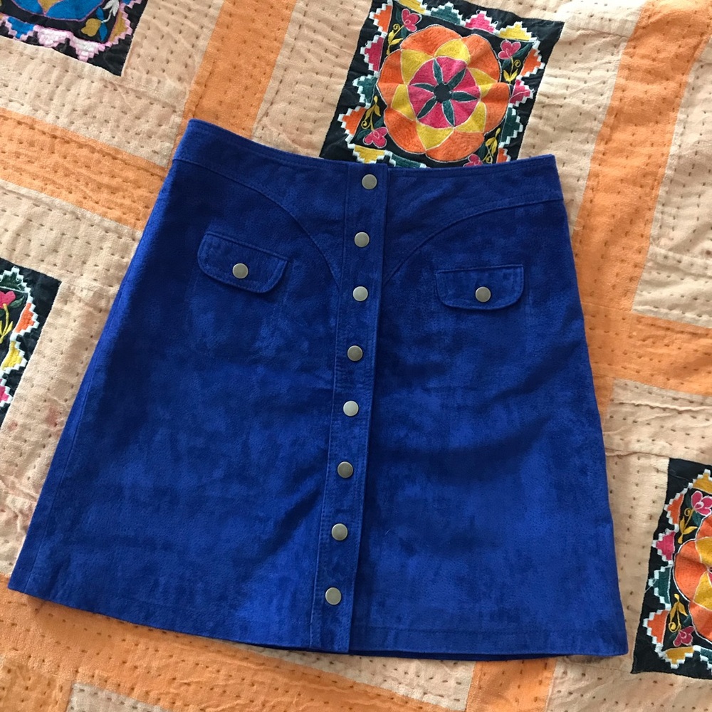 Anthropologie Blue Suede Button Front Mini Skirt